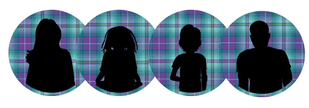 Four silhouettes of people on a tartan background